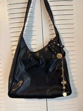 Vintage Perlina Black Leather Shoulder Bag with Removable Charms Y2K